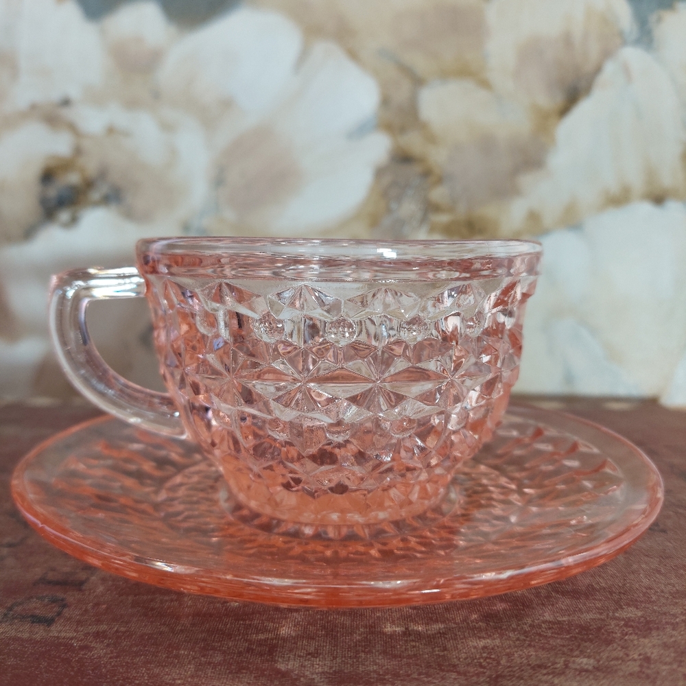 Jeannette Pink Depression Glass Holiday Buttons and Bows Tea Cup and Saucer